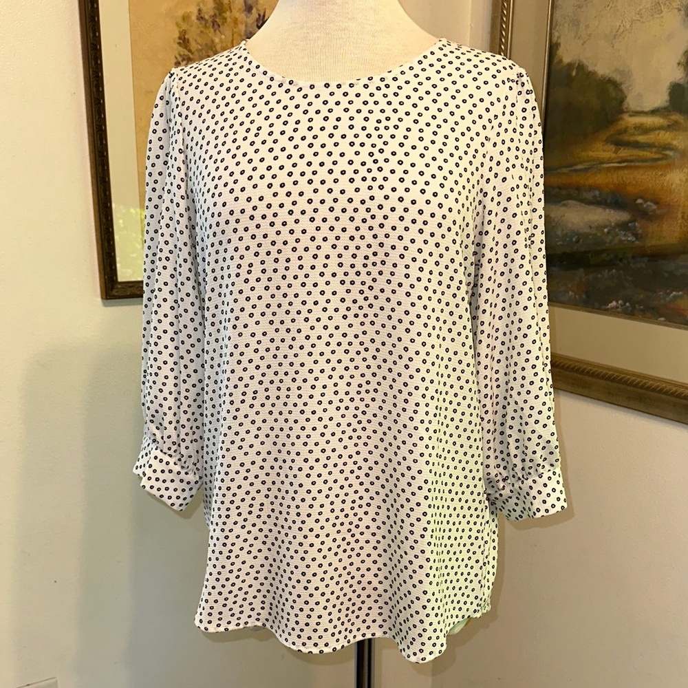 Adrianna Papell Women's White w/ Black Polka Dots 3/4 Sleeve Blouse Size Small